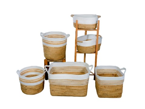 Refined Water Hyacinth and Polyester Rope Storage Baskets - Set of 6